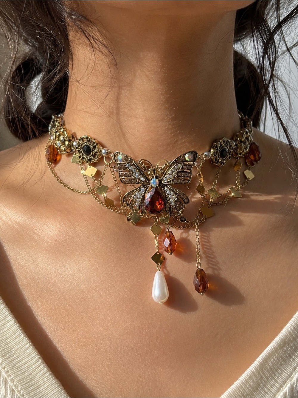 Gold Butterfly Pendant Necklace with Amber Teardrop Crystal
